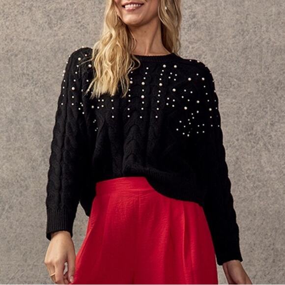 NWT Francesca’s Beverly Pearl Embellished Cable Pullover Sweater Black Plush - Picture 1 of 4